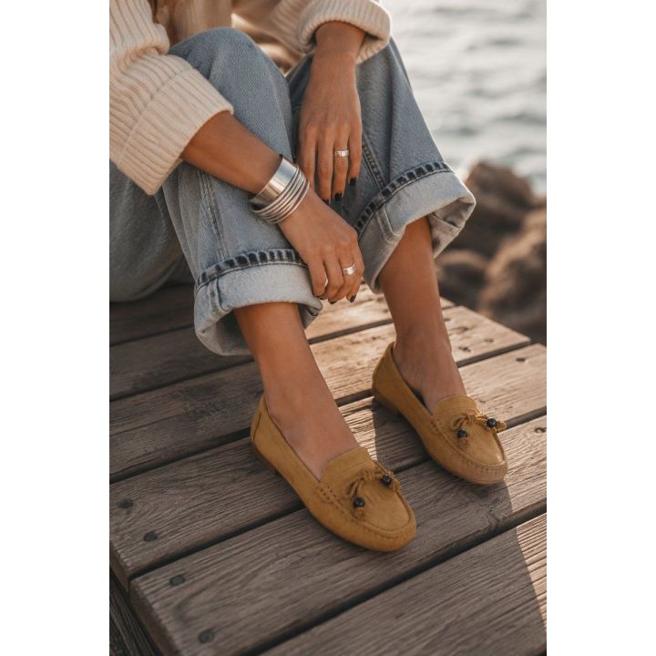 Moteriški plokščiapadžiai mokasinai su kaspinėliu ir kutais Bluebell, Camel