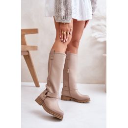Ilgaauliai batai virš kelių su užtrauktuku ir dirželiu, smėlio spalvos Step in style
