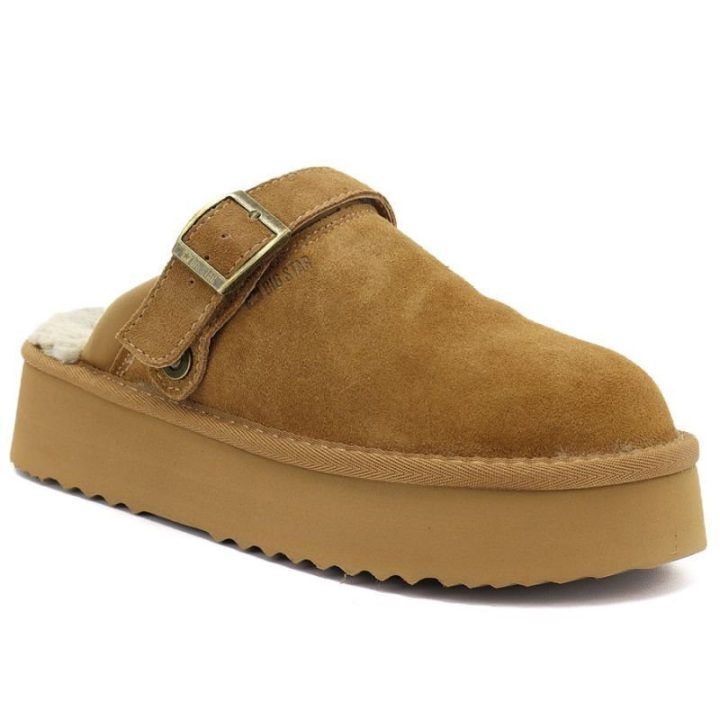 Moteriškos pašiltintos šlepetės ant platformos Big Star, camel
