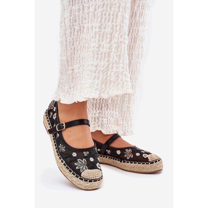 Moteriškos juodos espadrilės su gėlių siuvinėjimu