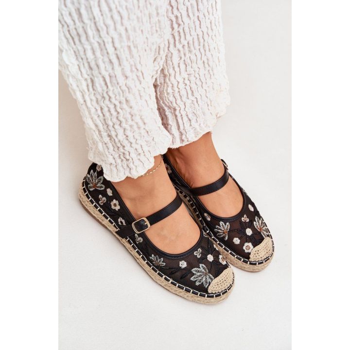 Moteriškos juodos espadrilės su gėlių siuvinėjimu