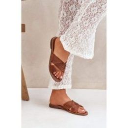 Odinės moteriškos šlepetės Shoes camel spalvos