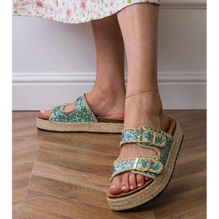 Espadrilės žalios blizgios šlepetės su sagtelėmis