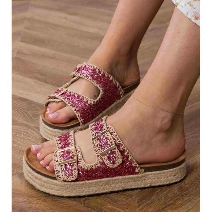 Moteriškos rožinės blizgios šlepetės su sagtelėmis espadrilės
