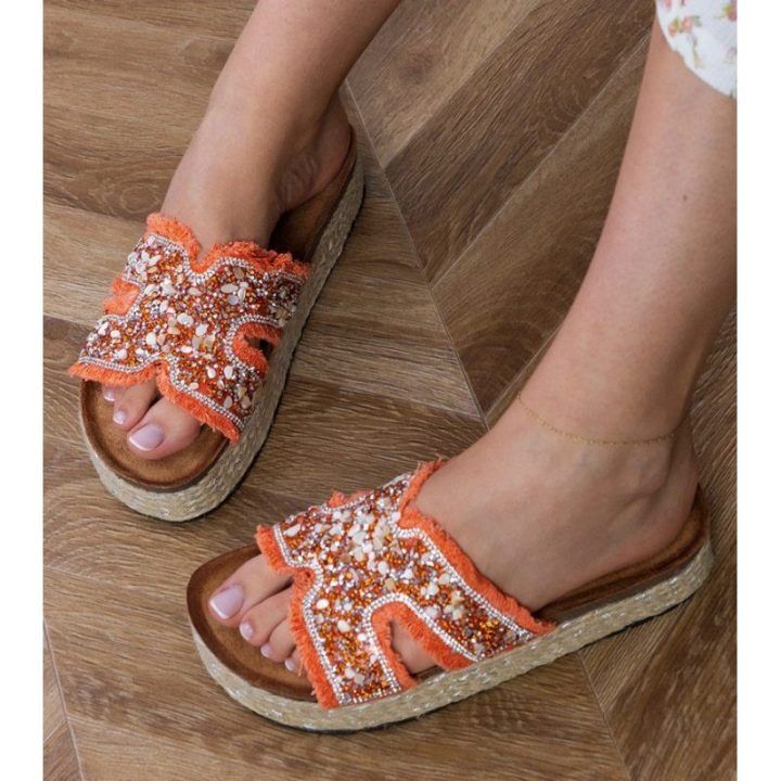 Moteriškos oranžinės espadrilės šlepetės su cirkoniais