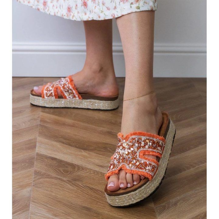 Moteriškos oranžinės espadrilės šlepetės su cirkoniais