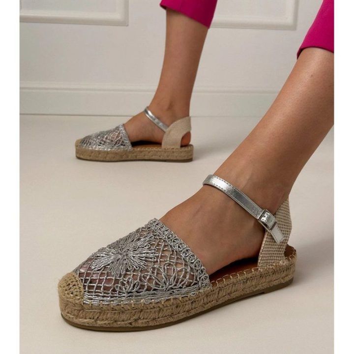 Sidabrinės ažūrinės espadrilės sandalai moterims