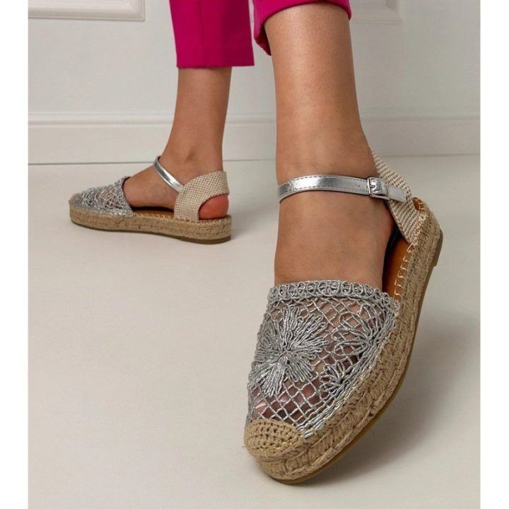 Sidabrinės ažūrinės espadrilės sandalai moterims