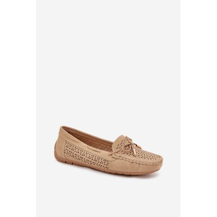 Mokasinai smėlio spalvos odiniai su skylutėmis kasdienai Ideal Shoes