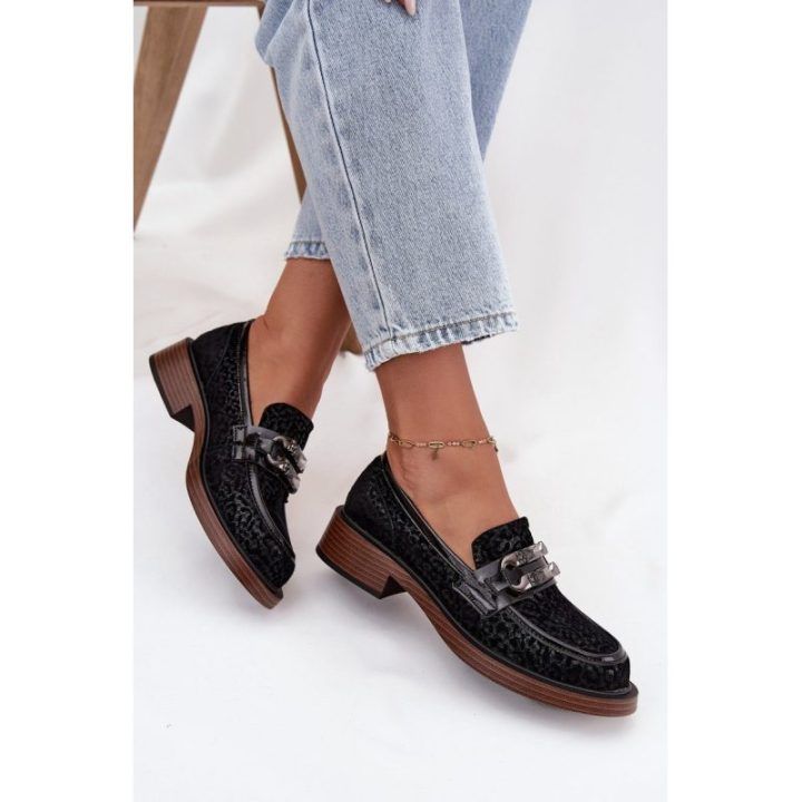 Suede Women's Loafers with Decoration D&A MR52-176 Black