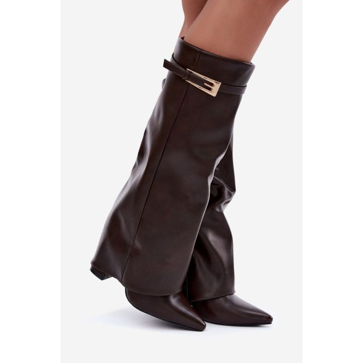 Ilgaauliai batai su stambiu kulnu, šokolado rudos spalvos