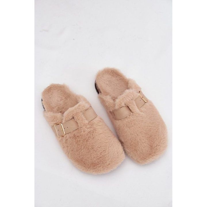 Moteriškos įspiriamos šlepetės su sagtimi, smėlio spalvos