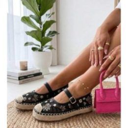 Moteriškos juodos espadrilės su siuvinėtais gėlių raštais Lucille
