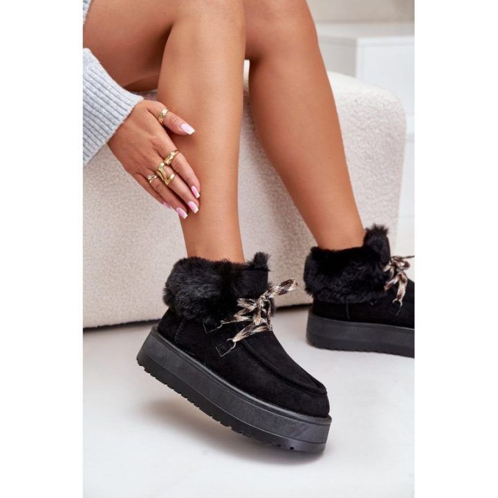 Moteriški suvarstomi sniego batai iš zomšos imitacijos su storu padu Loso, juodi