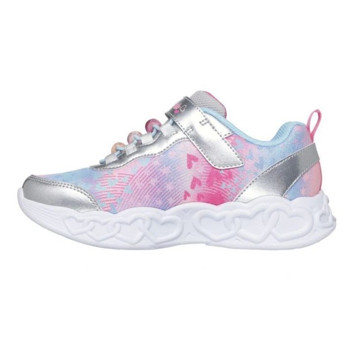 Šviečiantys sportbačiai mergaitėms Skechers, sidabro ir įvairiaspalviai