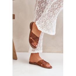 Odinės moteriškos šlepetės Shoes camel spalvos
