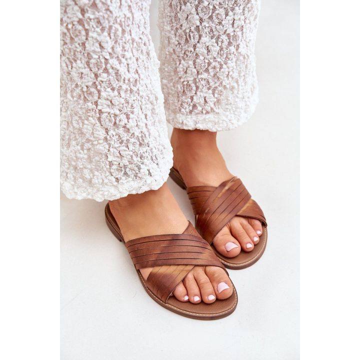 Odinės moteriškos šlepetės Shoes camel spalvos