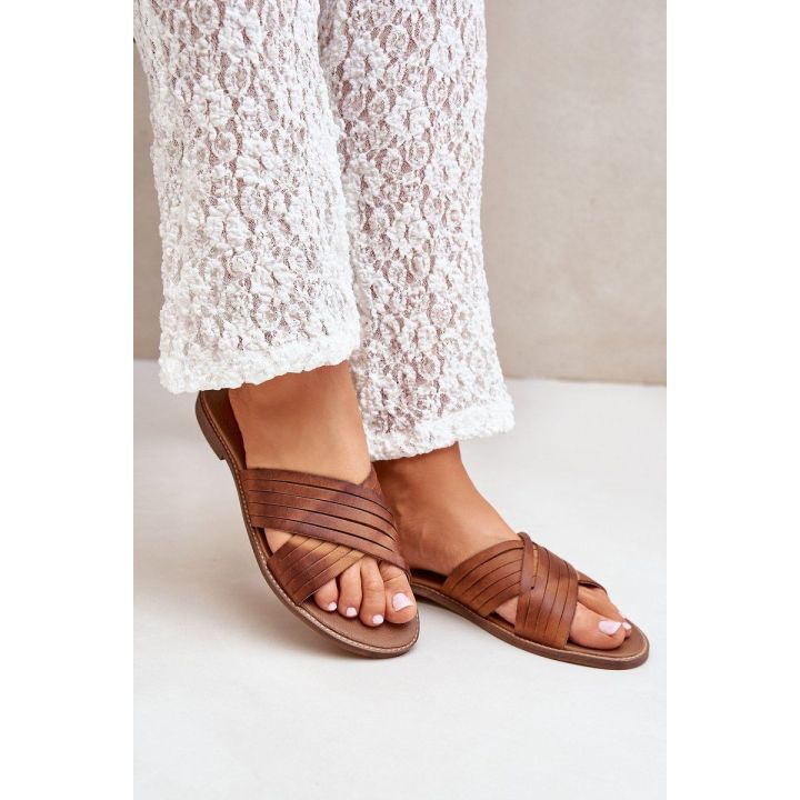 Odinės moteriškos šlepetės Shoes camel spalvos