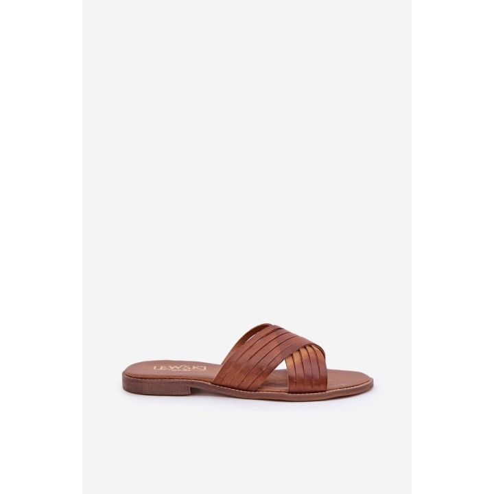 Odinės moteriškos šlepetės Shoes camel spalvos