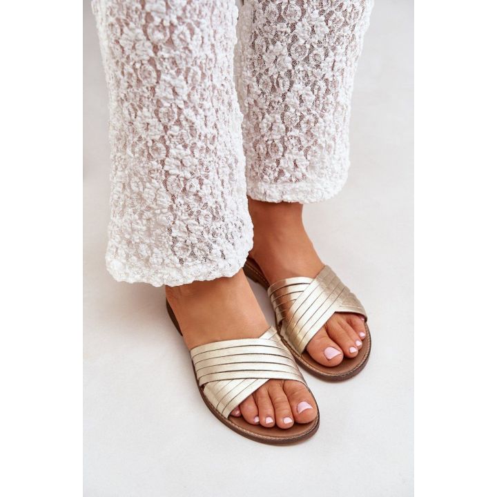 Auksinės odinės moteriškos šlepetės Shoes