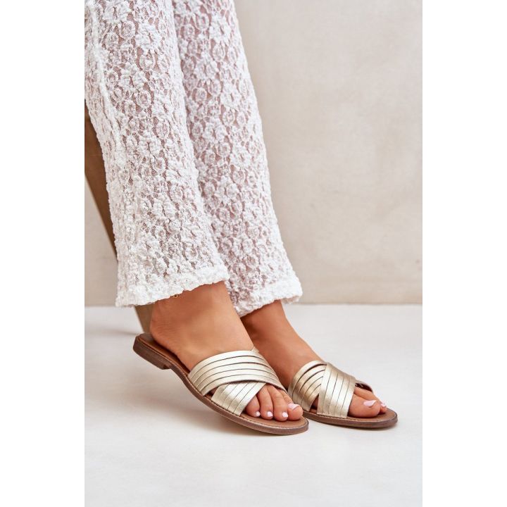 Auksinės odinės moteriškos šlepetės Shoes