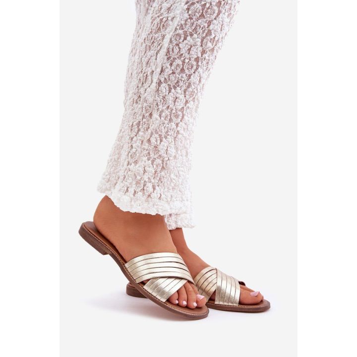 Auksinės odinės moteriškos šlepetės Shoes