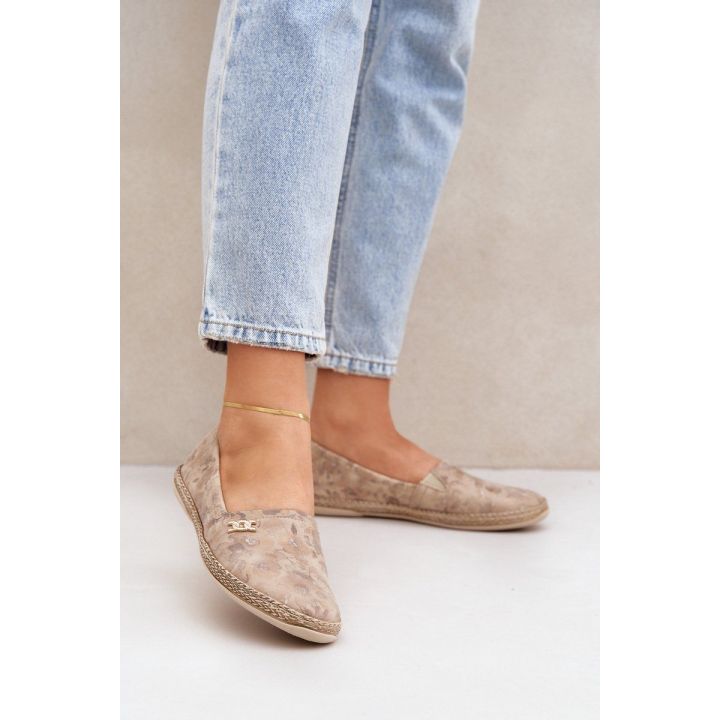 Elegantiškos moteriškos zomšinės espadrilės su gėlėmis, smėlio spalvos