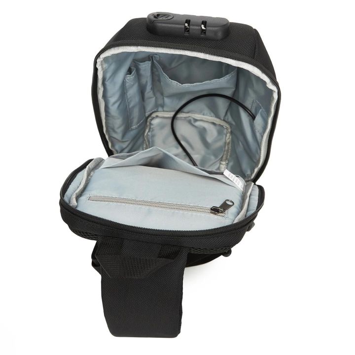 Miesto kuprinė per vieną petį Premium, apsauga nuo vagysčių, USB, juoda