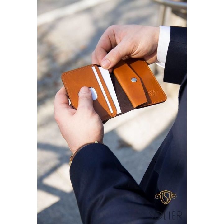 Plona vyriška odinė piniginė su monetų laikikliu SOLIER SLIM DARK BROWN