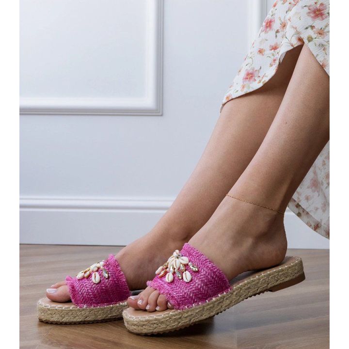 Rožinės pintos espadrilės šlepetės su kriauklelėmis moterims