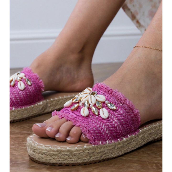 Rožinės pintos espadrilės šlepetės su kriauklelėmis moterims