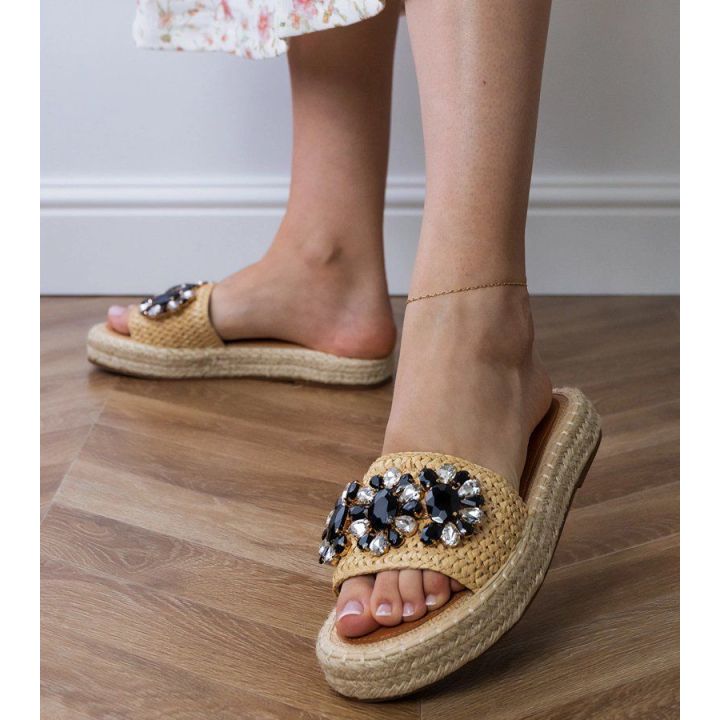 Smėlio spalvos espadrilės šlepetės su juodais kristalais