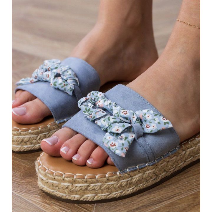 Moteriškos mėlynos espadrilės šlepetės su kaspinu