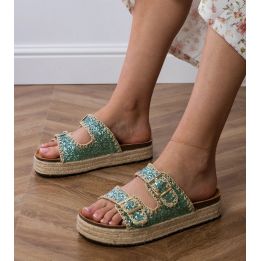Espadrilės žalios blizgios šlepetės su sagtelėmis