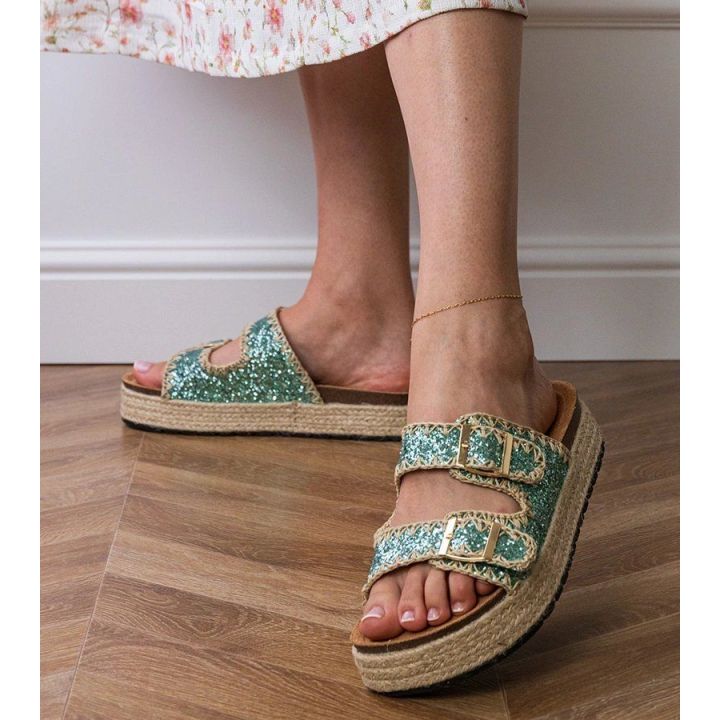 Espadrilės žalios blizgios šlepetės su sagtelėmis