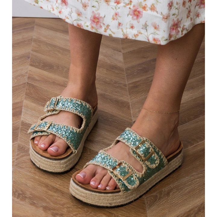 Espadrilės žalios blizgios šlepetės su sagtelėmis