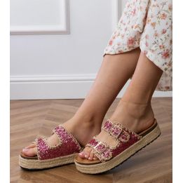 Moteriškos rožinės blizgios šlepetės su sagtelėmis espadrilės