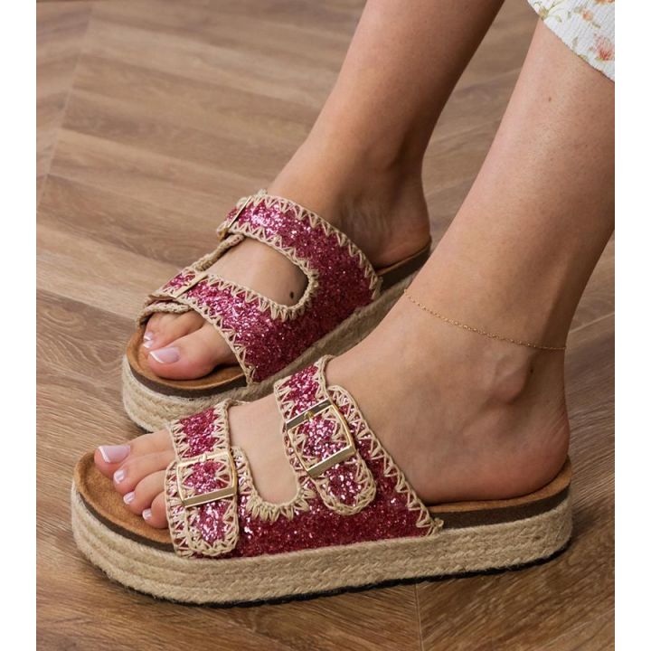 Moteriškos rožinės blizgios šlepetės su sagtelėmis espadrilės