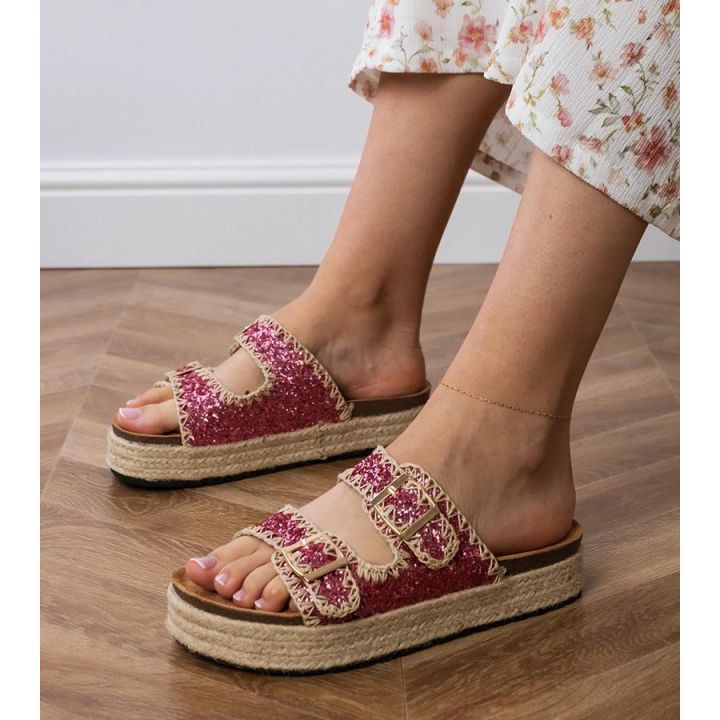 Moteriškos rožinės blizgios šlepetės su sagtelėmis espadrilės