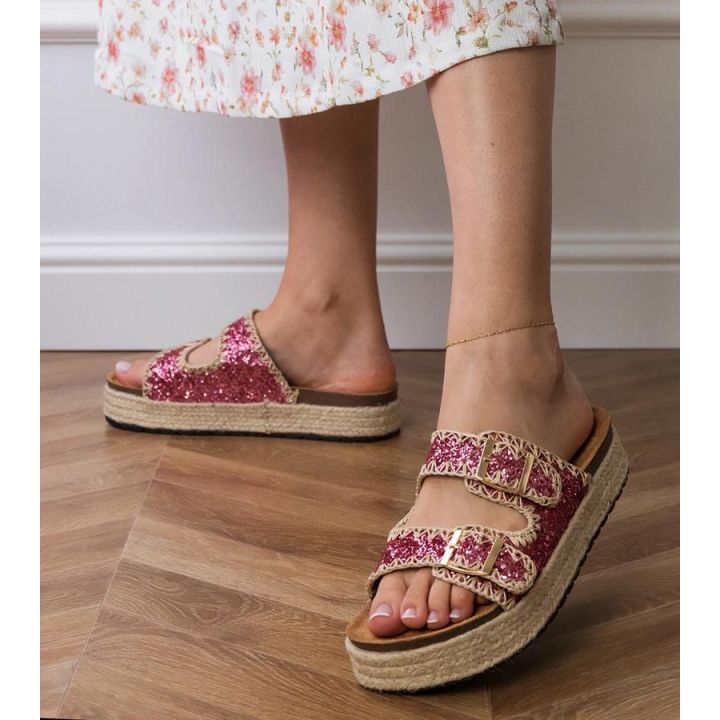 Moteriškos rožinės blizgios šlepetės su sagtelėmis espadrilės