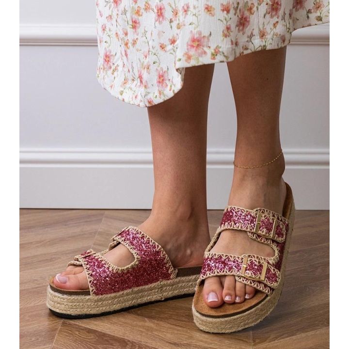 Moteriškos rožinės blizgios šlepetės su sagtelėmis espadrilės