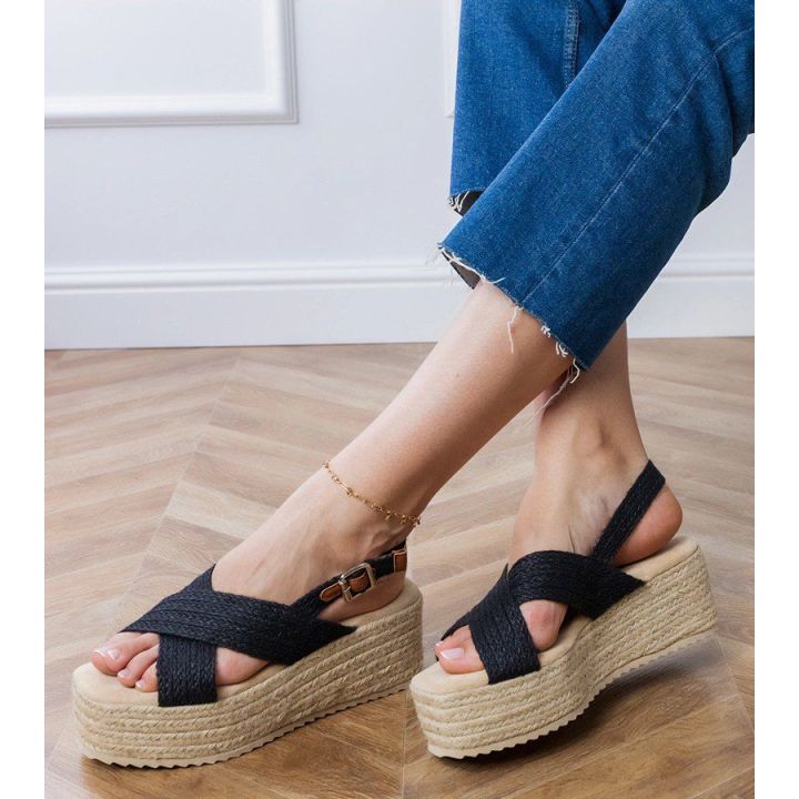 Espadrilės juodos basutės su platforma ir dirželiais Olisa