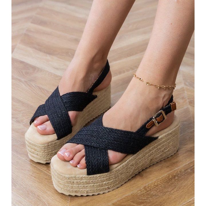 Espadrilės juodos basutės su platforma ir dirželiais Olisa