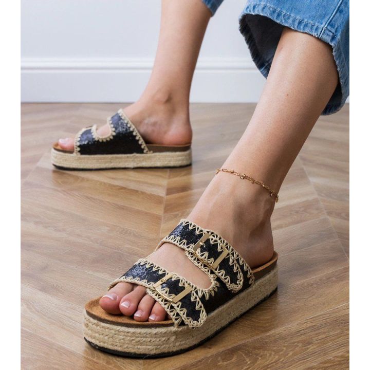 Espadrilės juodos brokatinės šlepetės su sagtelėmis