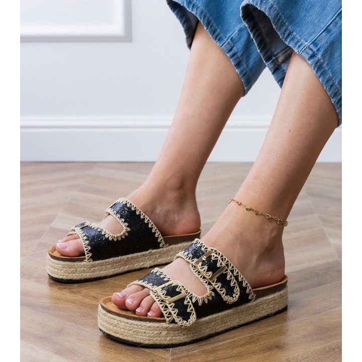 Espadrilės juodos brokatinės šlepetės su sagtelėmis