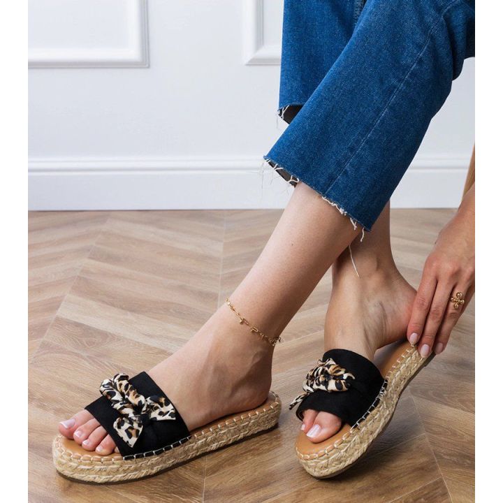 Moteriškos juodos espadrilės šlepetės su kaspinu vasarai