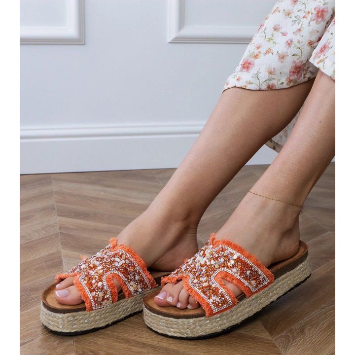 Moteriškos oranžinės espadrilės šlepetės su cirkoniais