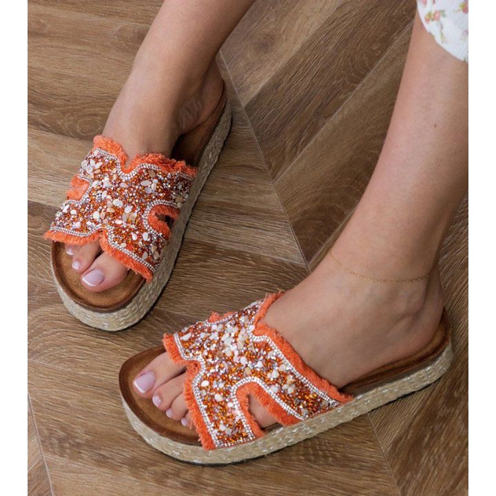 Moteriškos oranžinės espadrilės šlepetės su cirkoniais