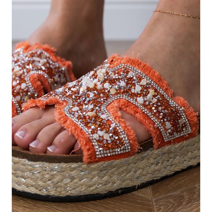 Moteriškos oranžinės espadrilės šlepetės su cirkoniais