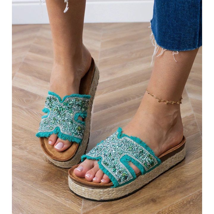 Espadrilės žalios šlepetės su platforma ir cirkoniais